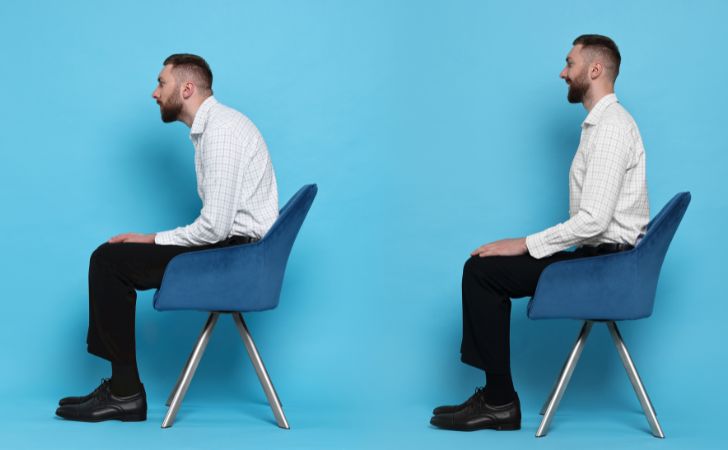 悪い姿勢（猫背）と良い姿勢で座っている男性