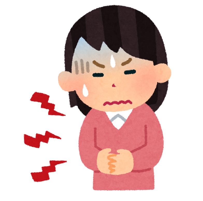腹痛でお腹をおさえる女性のイラスト