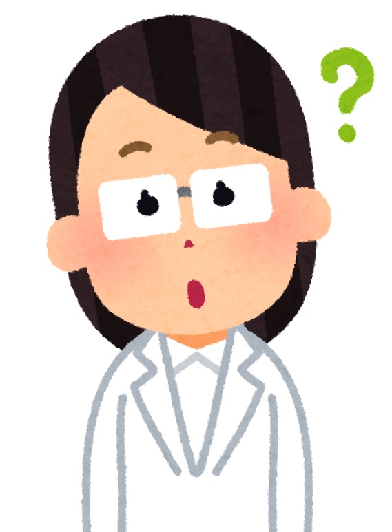 白衣を着た女性の医師（研究者）が疑問を持っている