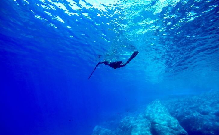 銛を持って海で漁をしている様子